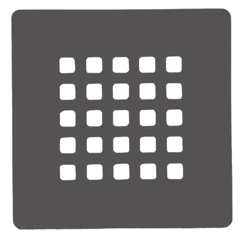 The NEOstone Point Shower Base Drain Cover features a grey square design with white squares, echoing the look of stainless steel grates often found in modern shower bases.