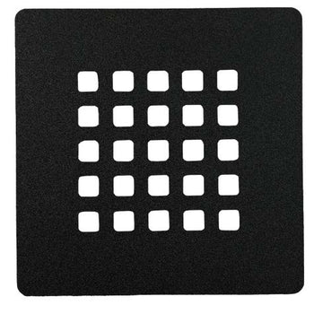The NEOstone Point Shower Base Drain Cover is a sleek black square panel with a central grid of 25 evenly spaced square holes (5x5), designed to resemble stainless steel—perfect for modern shower bases.