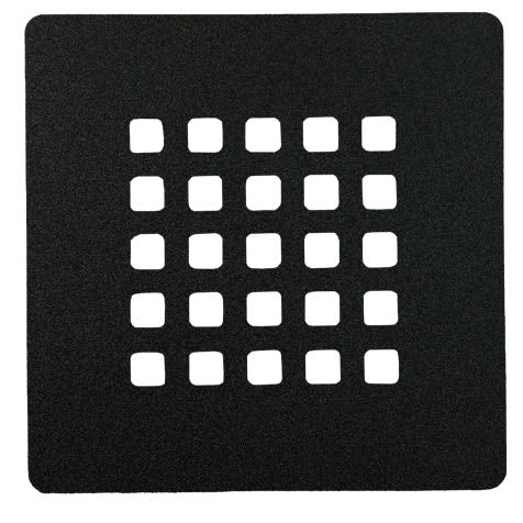 The NEOstone Point Shower Base Drain Cover is a sleek black square panel with a central grid of 25 evenly spaced square holes (5x5), designed to resemble stainless steel—perfect for modern shower bases.