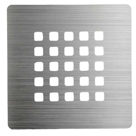 The NEOstone Point Shower Base Drain Cover is a brushed metal square plate with rounded corners and a stainless steel grate of 25 square holes in a 5x5 grid—perfect for modern shower bases.