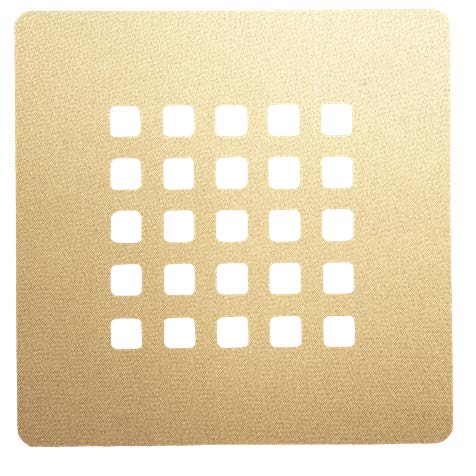 The NEOstone Point Shower Base Drain Cover is a square, gold-colored stainless steel grate with 25 square holes in a 5x5 grid, perfect for modern shower bases.