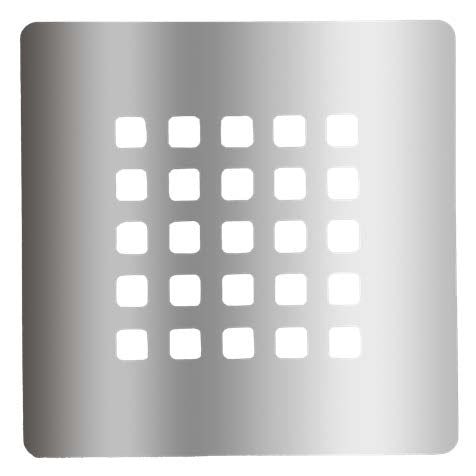 The NEOstone Point Shower Base Drain Cover is a square stainless steel plate with 25 evenly spaced square holes arranged in five rows and columns, perfect as a modern shower grate.