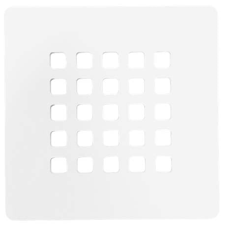 The NEOstone Point Shower Base Drain Cover is a white, square stainless steel panel featuring a 5x5 grid of evenly spaced square holes—perfect as a vent or drain cover for shower bases.