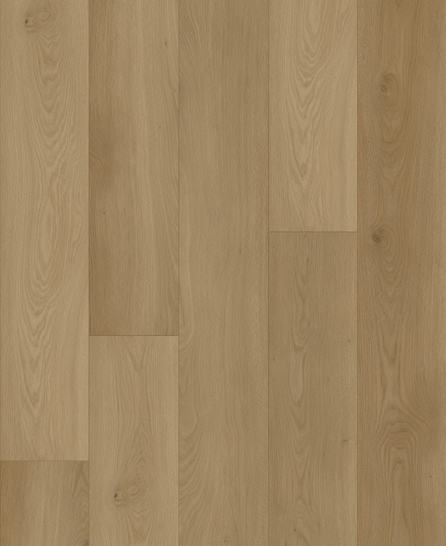ArmorStep 7" Vinyl Plank features light brown, waterproof planks with visible grain and natural knots. Staggered rectangular boards offer a smooth matte finish and lasting durability, adding style and resilience to any space.