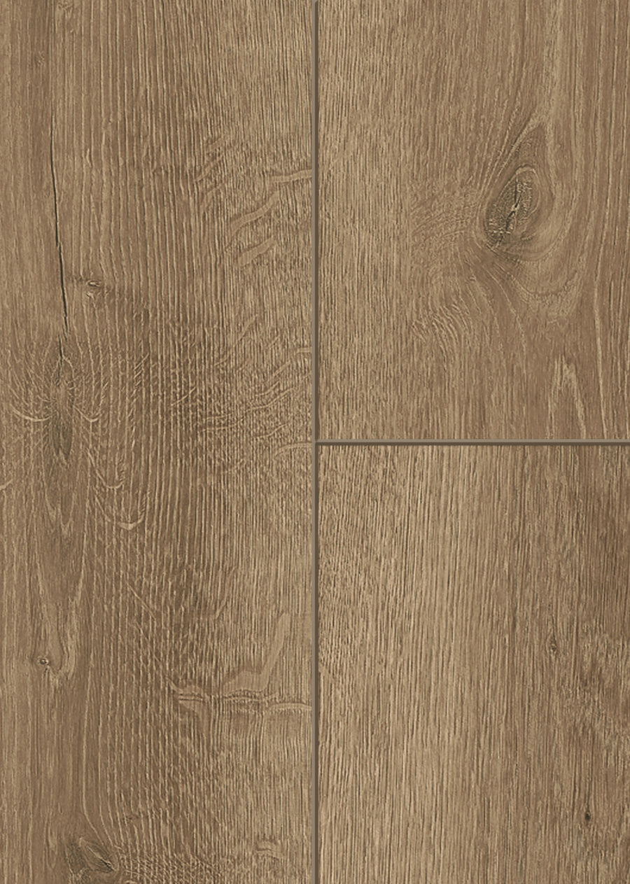 Close-up of Wild Grove 7.6" Waterproof Laminate showing natural grain, knots, and a warm brown tone. Features two vertical and two horizontal planks with a textured wood appearance.
