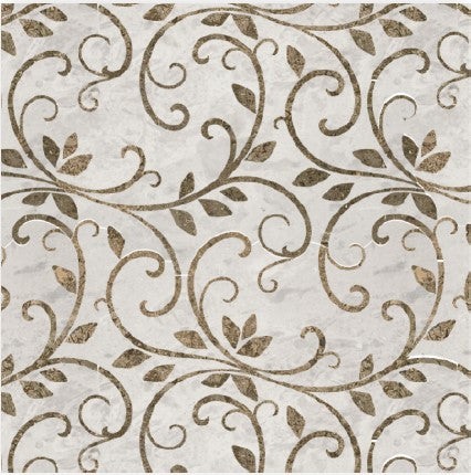 The Meleze Polished Marble Tile has a light gray base with intricate brown vine and leaf patterns, adding an elegant, abstract touch ideal for luxury decor.