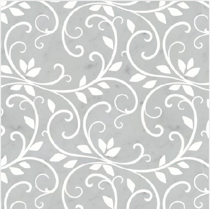 The Meleze Polished Marble Tile features a seamless pattern of white swirling vines and leaves on light gray, bringing luxurious decor and elegant, decorative floral style to any space.