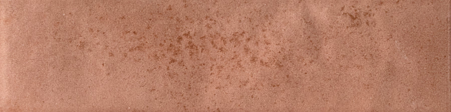 A close-up of the Menagerie 2.5x9.5 Porcelain Tile shows its textured reddish-brown surface, subtle tonal variations, and scattered dark spots for a handmade, soft suede-like appearance.