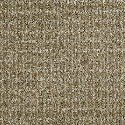 Close-up of Yucatan Pet Friendly Carpet in Mesquite. This stain resistant carpet features a textured, grid-like pattern with tightly woven fibers for a soft, slightly raised look—durable and ideal for homes with pets.