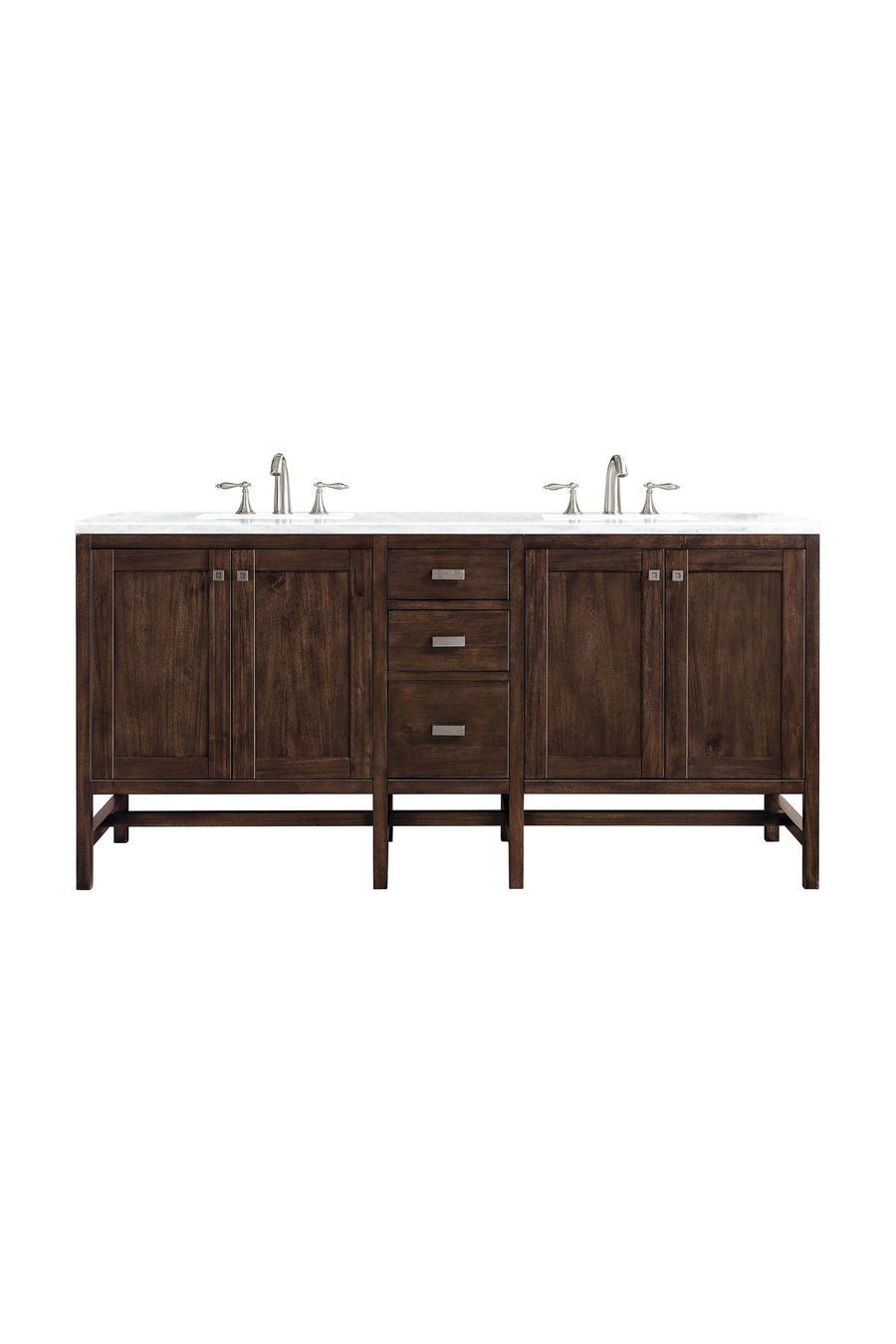 The Addison 72" Double Bowl Vanity features a shaker-inspired design with dark wood cabinets, four center drawers, a white countertop, and brushed nickel fixtures, shown against a white background.