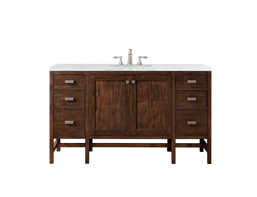 The Addison 60" Vanity, inspired by Shaker design, features a white countertop with built-in sink, two center cabinet doors, and four side drawers with square handles—all set against a white background.