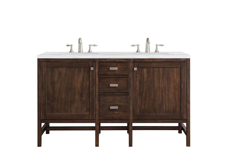 The Addison 60" Double Bowl Vanity features a white countertop, dual silver faucets, and dark wood shaker-style cabinets. Three central drawers with square metal handles add elegant functionality to this modular bathroom piece.
