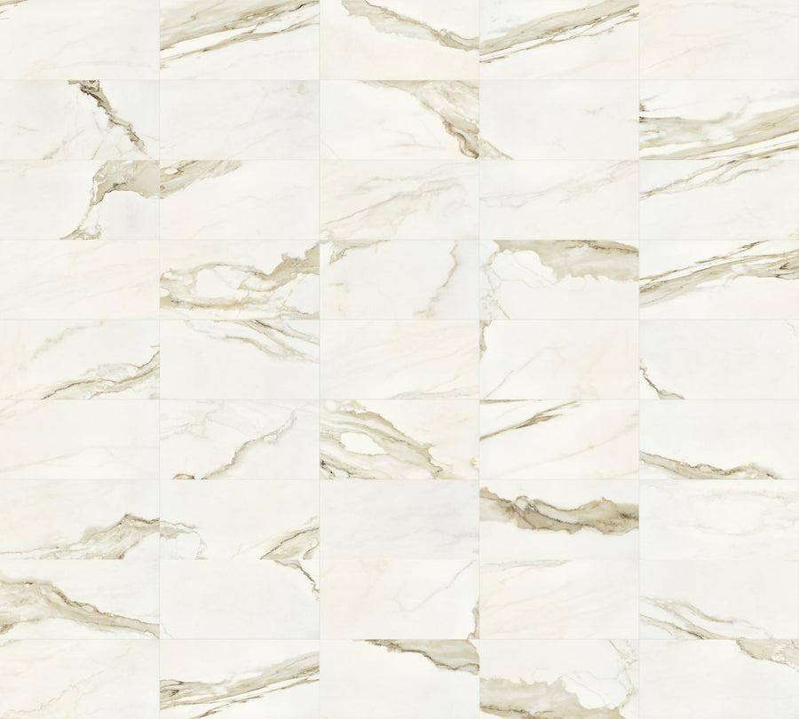 A grid of rectangular white marble tiles with beige and light brown veining, arranged in a staggered pattern. The surface has a glossy, polished finish and a natural stone texture.