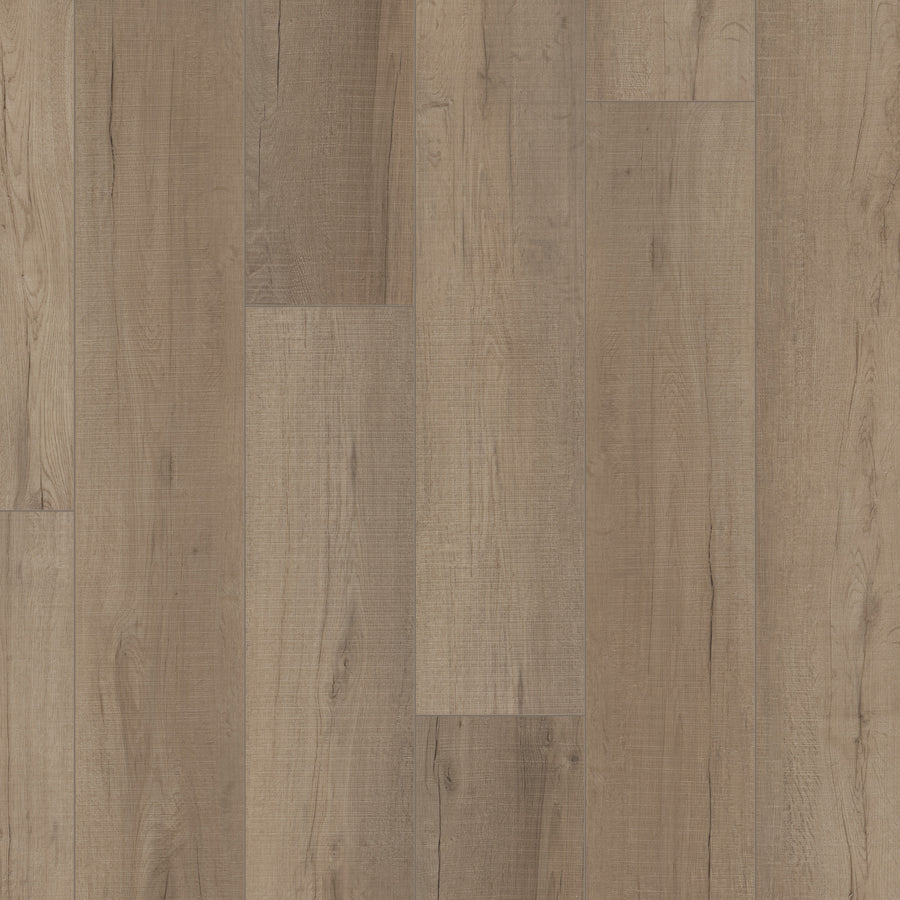 Coretec Plus Enhanced Vinyl panels in light and medium brown shades are arranged in a staggered pattern. They showcase natural wood grain and knots for a rustic look, offering both stylish appeal and lasting durability.