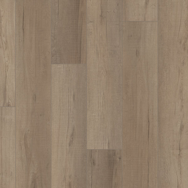Coretec Plus Enhanced Vinyl panels in light and medium brown shades are arranged in a staggered pattern. They showcase natural wood grain and knots for a rustic look, offering both stylish appeal and lasting durability.