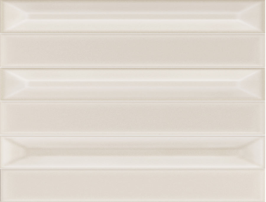 Rectangular Jewelz 12x16 Glazed Porcelain Tiles in Milky Quartz are arranged in a vertical stack, featuring beveled edges and a subtle glossy finish for a clean, modern look. Crafted from glazed porcelain, this tile design enhances any space with its refined yet geometric appeal.