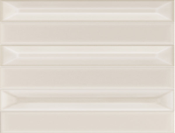 Rectangular Jewelz 12x16 Glazed Porcelain Tiles in Milky Quartz are arranged in a vertical stack, featuring beveled edges and a subtle glossy finish for a clean, modern look. Crafted from glazed porcelain, this tile design enhances any space with its refined yet geometric appeal.