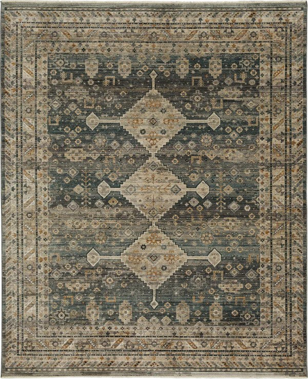 The Echo Area Rug features a rectangular shape with a traditional geometric diamond pattern in blue, beige, and brown, complemented by an intricate ornamental border design.