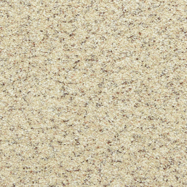 Close-up of Maroon Bells Family Friendly Carpet in Mineral—a durable, textured carpet with a beige base and speckled pattern featuring brown, tan, and cream flecks.