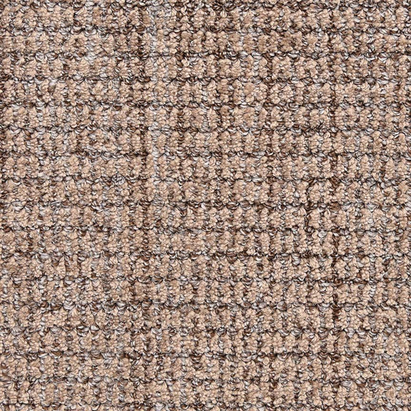 Close-up of Aspen Berber Carpet in Mocha: features a durable looped pile with a grid-like weave and textured surface in light and medium brown tones—stylish and resilient for any space.