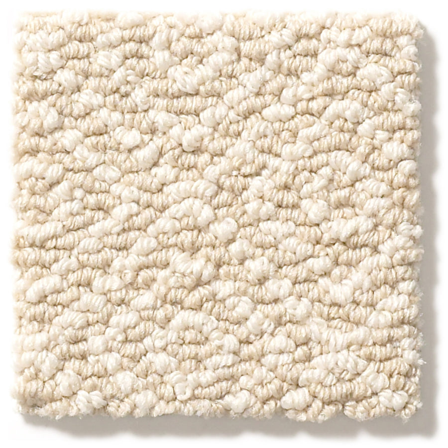 A square sample of Stroll Pet Friendly Carpet in cream features a loop style with a textured, patterned surface. Densely packed fibers provide a soft, durable feel and subtle raised design, ideal for homes with pets.