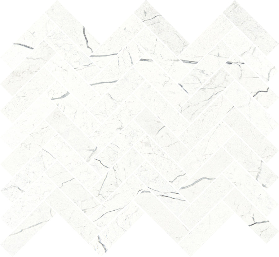 Monaco Herringbone Mosaic Porcelain Tile features a white marble look with subtle gray veining and a smooth, polished surface, arranged in a classic herringbone pattern for a luxurious finish.