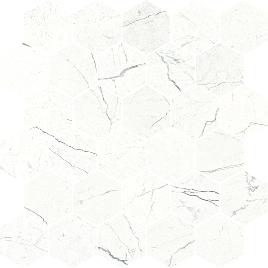 Monaco Hexagon Mosaic Porcelain Tile offers a honed marble look with subtle gray veining on white hexagonal tiles, forming a polished honeycomb pattern. Veins vary in thickness and direction for added visual interest.