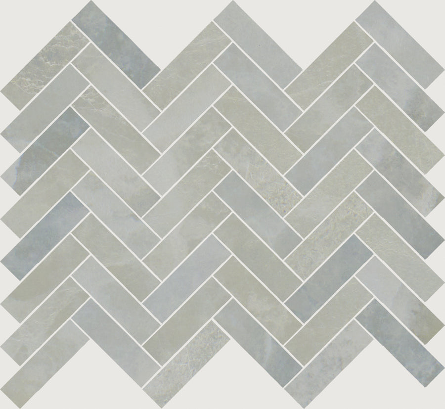 Monaco Herringbone Mosaic Porcelain Tile features a gray rectangular design in a zigzag pattern with visible white grout lines and subtle texture variations, creating a luxurious look for any space.