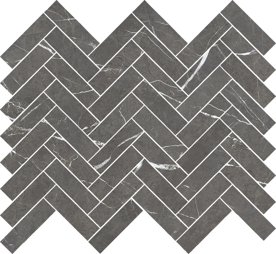 The Monaco Herringbone Mosaic Porcelain Tile features dark gray tones with white veining and contrasting grout lines, creating a geometric, striking design that beautifully captures the luxurious marble-look aesthetic.