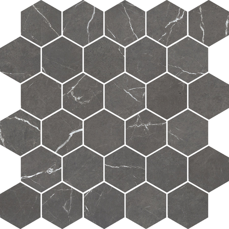 Monaco Hexagon Mosaic Porcelain Tile boasts a honed marble look in dark gray with subtle white veining. Its honeycomb layout and defined grout lines create a geometric, modern, and luxurious appearance.