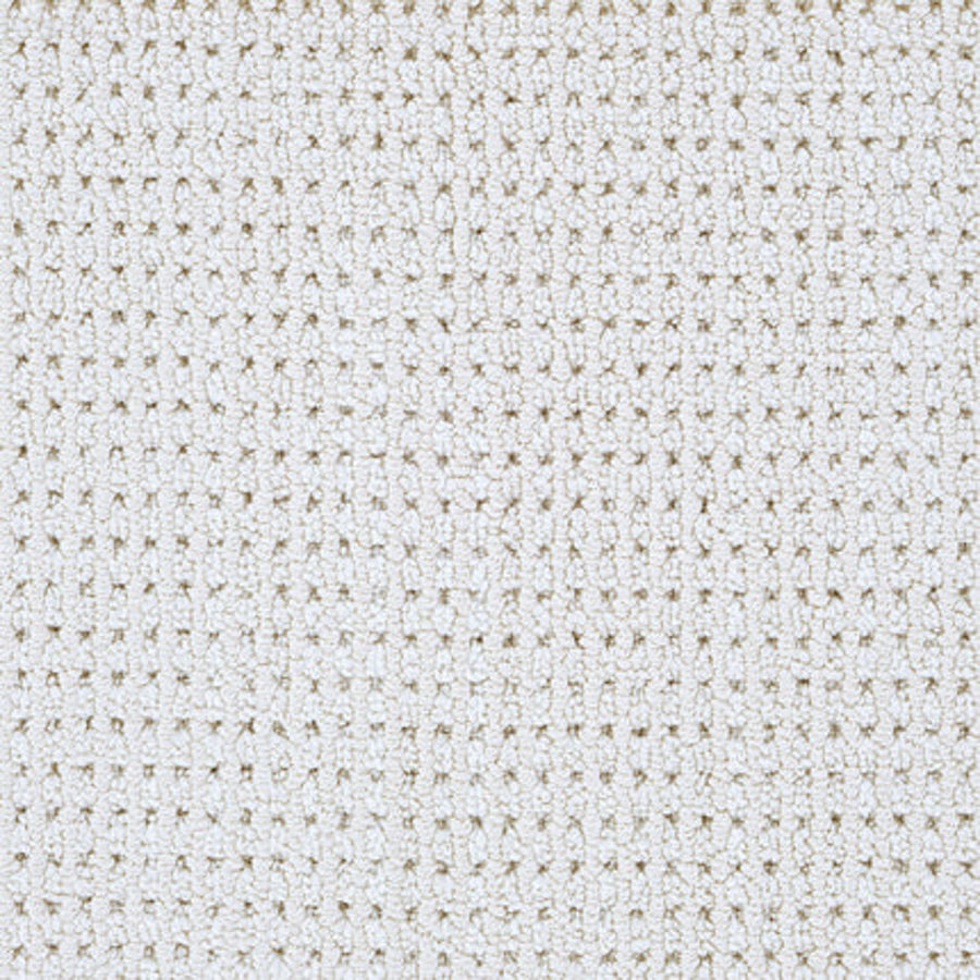 Close-up of Top Notch Berber Carpet in Monument color, featuring a cream-toned waffle weave with a textured grid-like pattern and small square indentations, evoking the look of premium flooring.