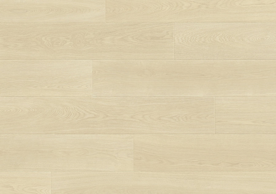 Aura Modern Waterproof Laminate in Moonstone features a light color with a subtle wood grain, arranged in a staggered layout. Its smooth matte finish offers a clean, contemporary look while providing durability and water resistance.