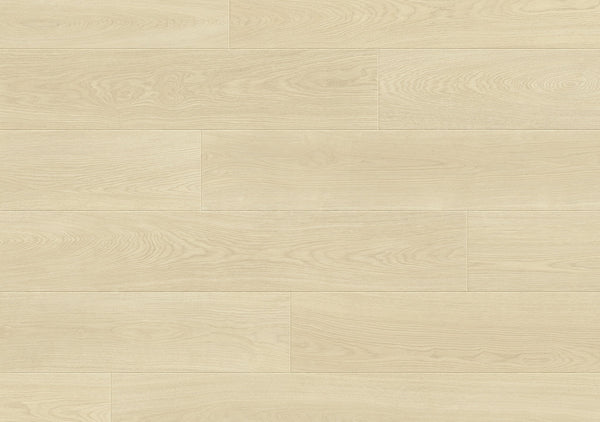 Aura Modern Waterproof Laminate in Moonstone features a light color with a subtle wood grain, arranged in a staggered layout. Its smooth matte finish offers a clean, contemporary look while providing durability and water resistance.