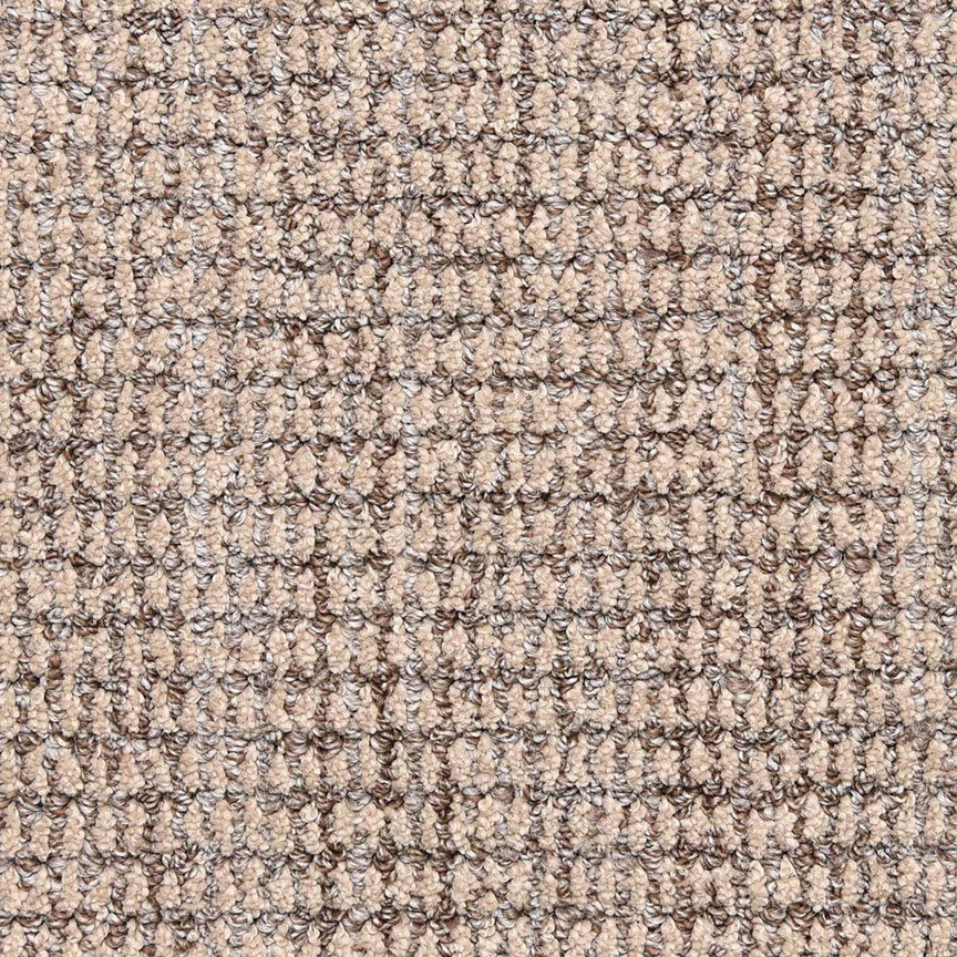 Close-up of Aspen Berber Carpet in Morel, featuring a textured, looped surface with a grid-like pattern. The durable fibers display varying shades of tan and light brown for a subtly speckled, woven look.
