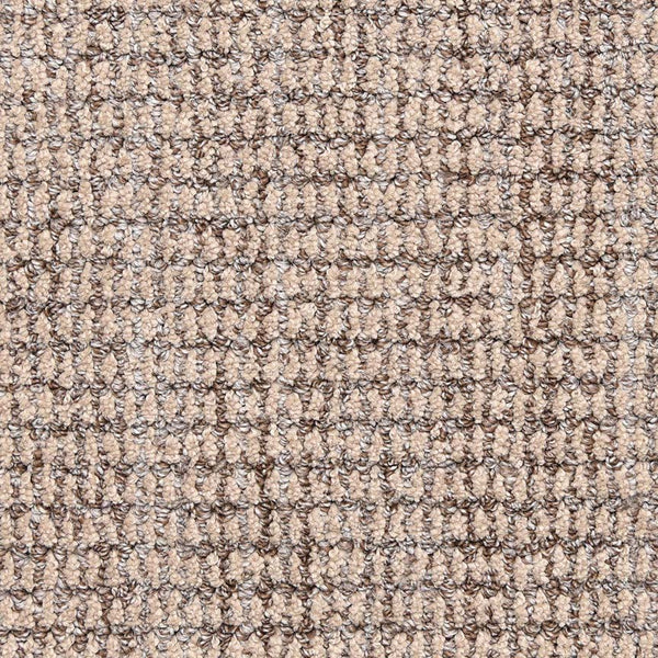 Close-up of Aspen Berber Carpet in Morel, featuring a textured, looped surface with a grid-like pattern. The durable fibers display varying shades of tan and light brown for a subtly speckled, woven look.