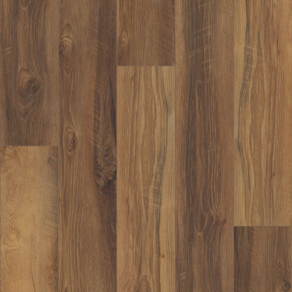 Close-up of Coretec Plus Enhanced Vinyl planks displaying natural grain patterns and varied brown tones with knots, blending the rustic look of wood with the durability and waterproof features of luxury vinyl flooring.