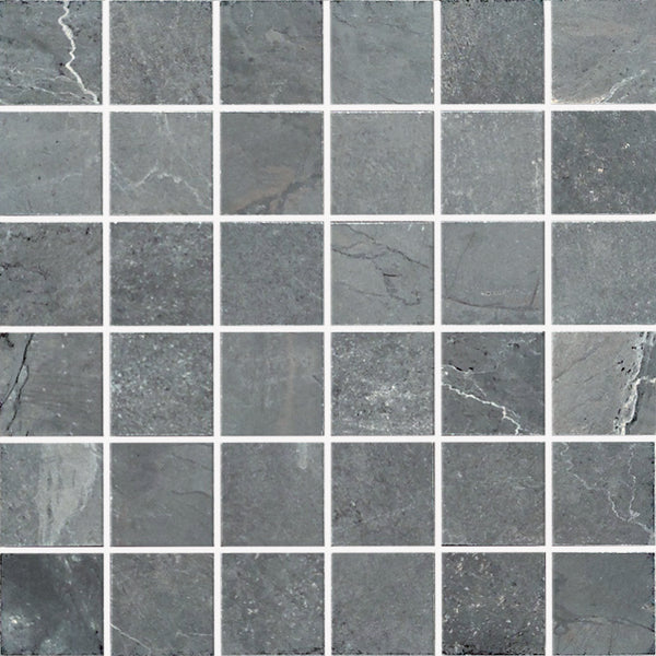 The Gemini 2x2 Mosaic Tile features a grid of square dark gray marbled porcelain tiles with subtle white veining and thin white grout lines, forming an elegant mosaic pattern.