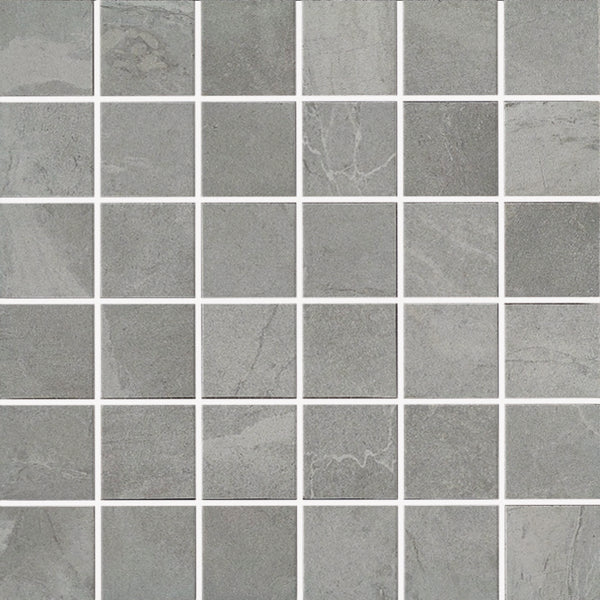 The Gemini 2x2 Mosaic Tile showcases gray marbled porcelain stoneware squares with gentle white veining and subtle shading, arranged in a grid with thin white grout lines for an elegant, stone-inspired look.