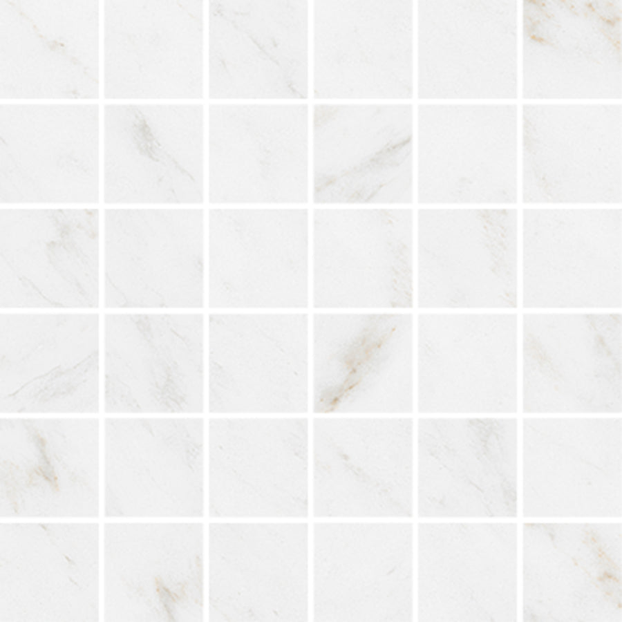 The Mykonos 2x2 Mosaic Tile features square white marble tiles with subtle gray and beige veining, separated by thin white grout lines for a clean, smooth, and elegant look.