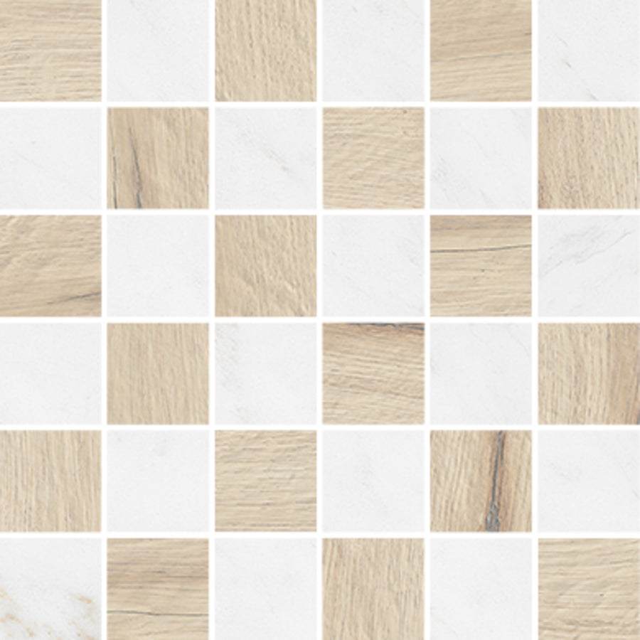 The Mykonos 2x2 Mosaic Tile features a checkerboard pattern of light wood texture and white marble looks. Its modern, glazed porcelain finish and neutral colors make it ideal for contemporary spaces.