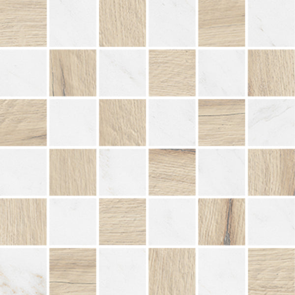 The Mykonos 2x2 Mosaic Tile features a checkerboard pattern of light wood texture and white marble looks. Its modern, glazed porcelain finish and neutral colors make it ideal for contemporary spaces.