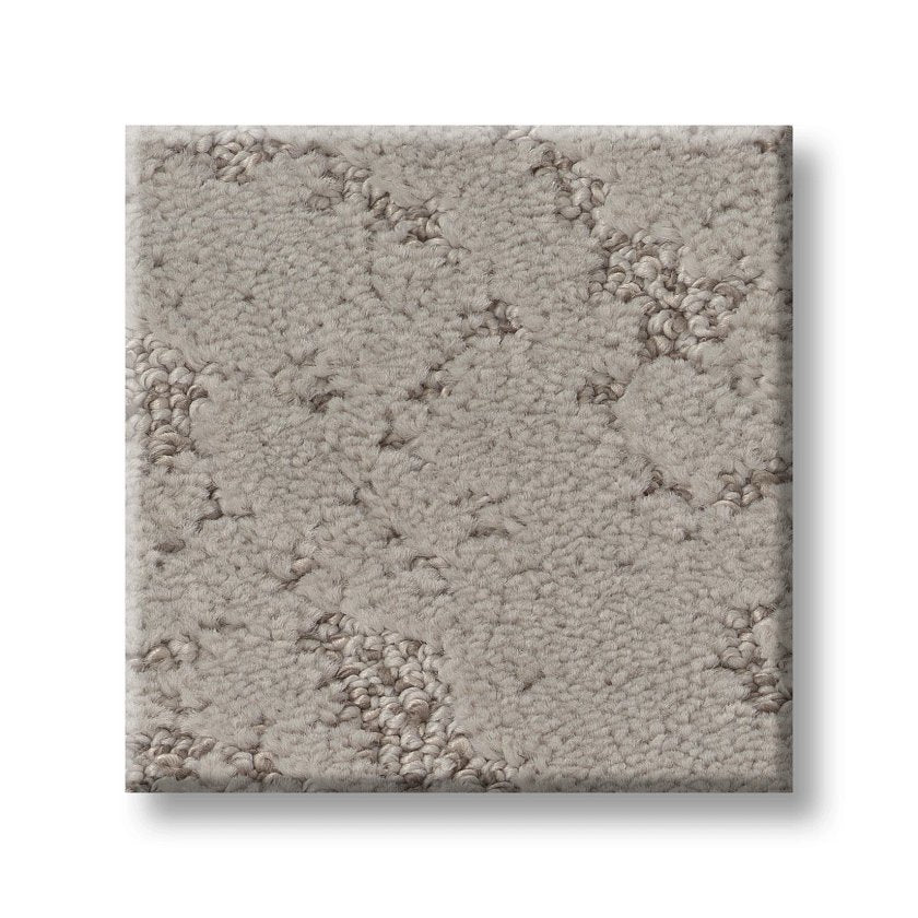 A close-up of the Sincere Focus On Trend Carpet, a modern tile with textured looped pile in light gray and beige, featuring a subtle irregular pattern.