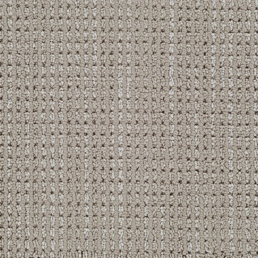 Close-up view of Top Notch Berber Carpet in Mushroom, featuring a stain-resistant, textured looped weave with subtle vertical and horizontal lines in varied beige tones.