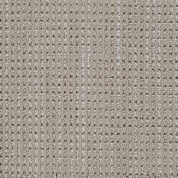 Close-up view of Top Notch Berber Carpet in Mushroom, featuring a stain-resistant, textured looped weave with subtle vertical and horizontal lines in varied beige tones.