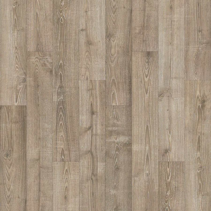 Lidden Brook 7 1/2" Waterproof Laminate in Mushroom Oak features a light brown wood-look with natural grain, matte finish, and durable planks. Its staggered layout has subtle tone and texture variations for a realistic appearance.