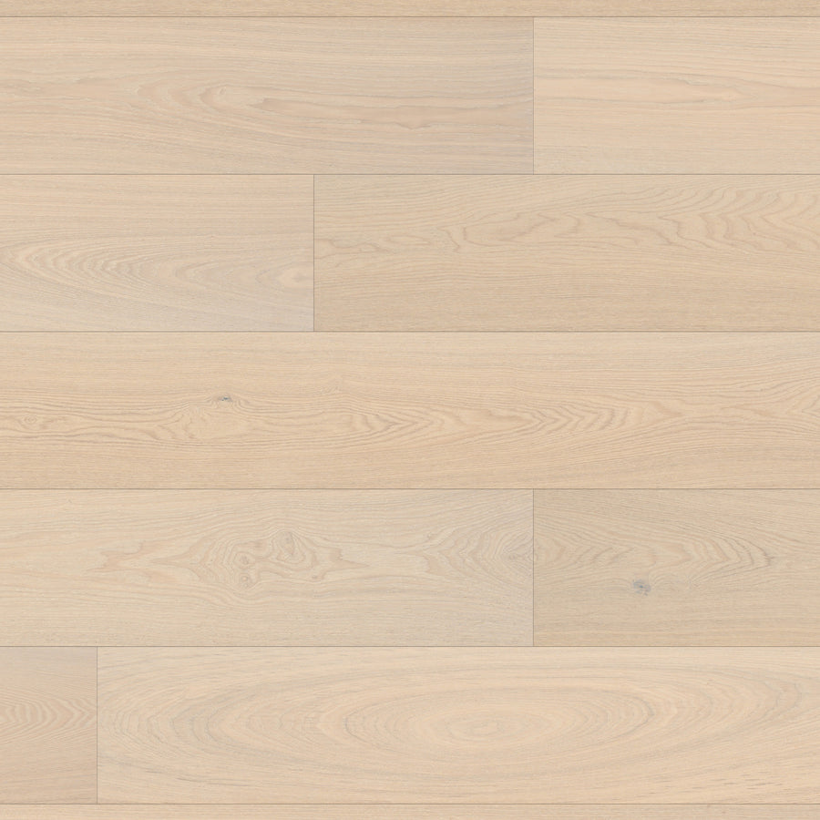 Huntington European Oak 7 1/2" Hardwood features light-toned engineered planks with visible grain and natural variations, installed in a horizontal, staggered pattern.