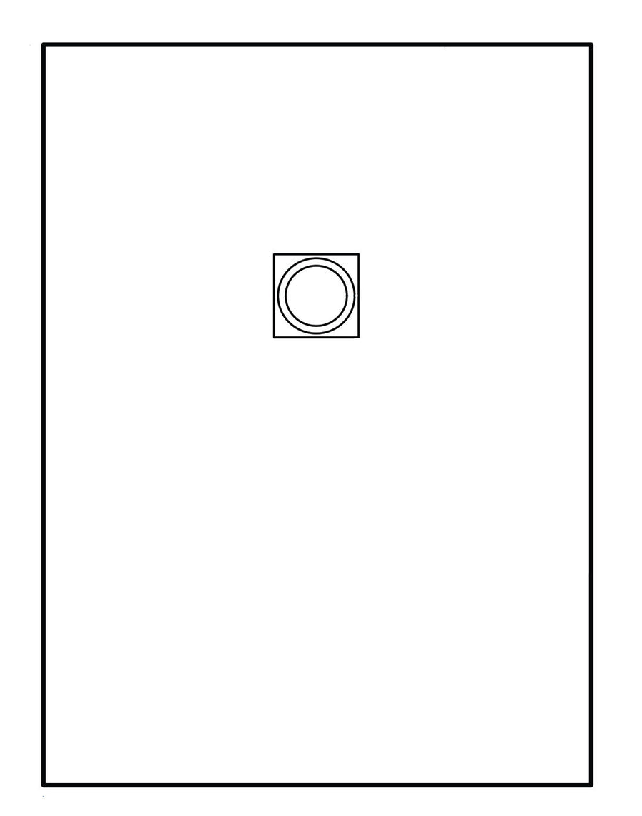 A large rectangle frames the image. In the center, a smaller square with a circle suggests the NEOStone Point Center Drain Shower Base. The plain white background highlights its modern, low-profile design.
