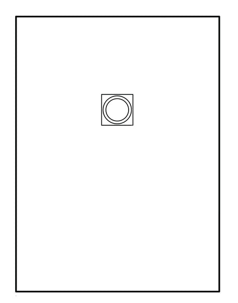 A large rectangle frames the image. In the center, a smaller square with a circle suggests the NEOStone Point Center Drain Shower Base. The plain white background highlights its modern, low-profile design.