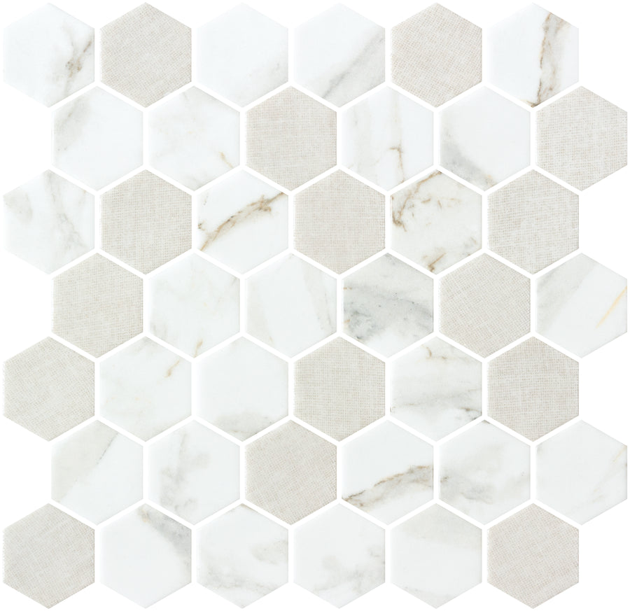 New Belfont 11 1/8" x 11 1/5" Glass Mosaic Tile in Italica Cream features subtle veining and alternating textured hexagons in a modern honeycomb pattern, perfect for creating a sleek geometric bathroom design.