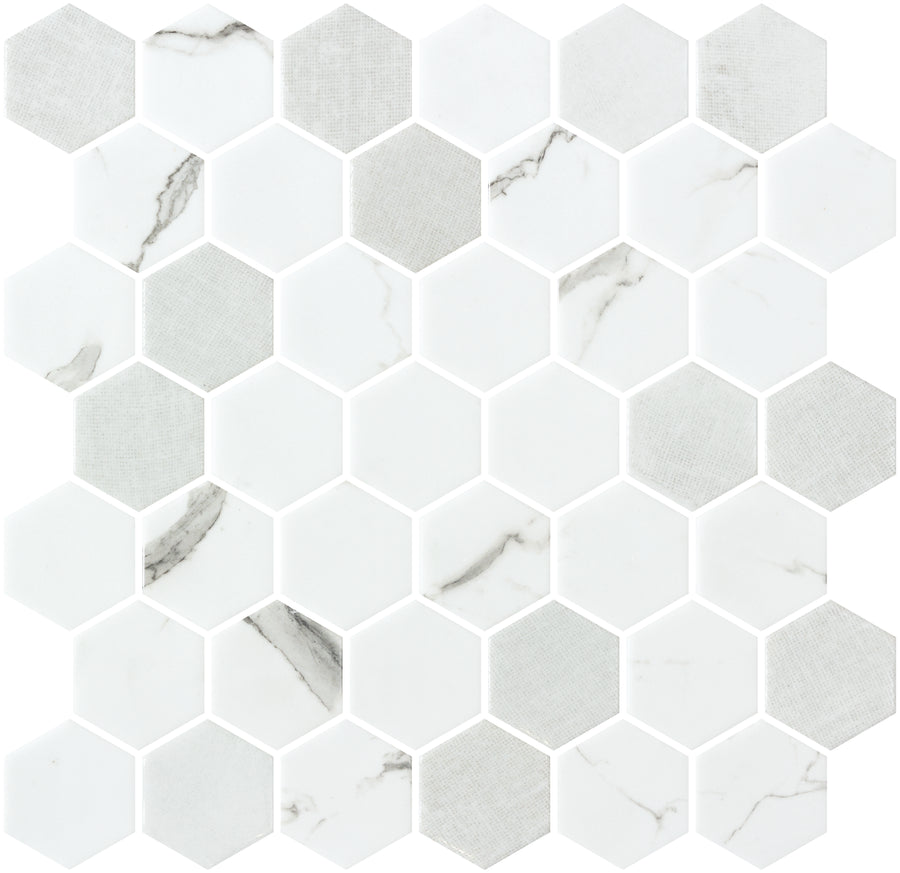 The New Belfont 11 1/8" x 11 1/5" Glass Mosaic Tile in Casual Grace features hexagon shapes with smooth, marble-look, and textured finishes in a honeycomb pattern, perfect for bathroom or kitchen installations.